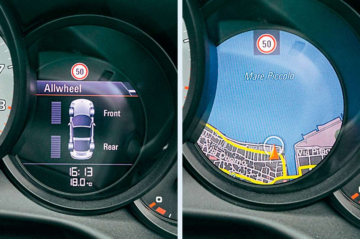 На дисплей, что справа от спидометра, можно вывести как навигационные карты, так и данные бортового компьютера. Например, диаграмму распределения момента по осям.