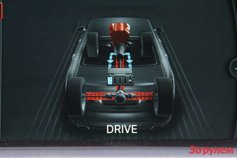 Первое впечатление об устройстве BMW AktiveHybrid7 дает дисплей. По нему можно догадаться о накоплении энергии при торможении и ее расходе при ускорении. Впереди бензиновый двигатель (330 кВт/449 л.с., 650 Н.м), потом электромотор (15 кВт, 210 Н.м), 8-ступенчатый гидромеханический автомат, в багажнике литий-ионная батарея (120 В/400Вт.ч)