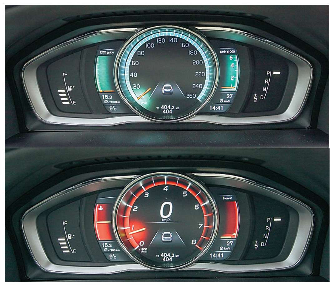 Volvo XC60. Графику приборной панели можно выбрать под настроение. Из трех вариантов здесь показаны умиротворяющий ECO и агрессивный Performance.
