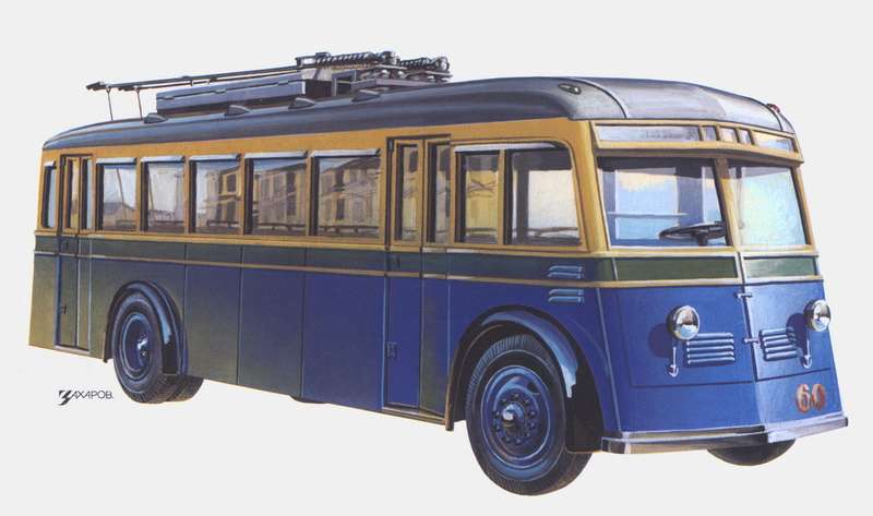 Троллейбус ЯТБ-1 на иллюстрации Александра Захарова к исторической серии «Из коллекции „За Рулем“». В передней части кузова, под решетками «в шифоньерах» располагалось высоковольтное оборудование