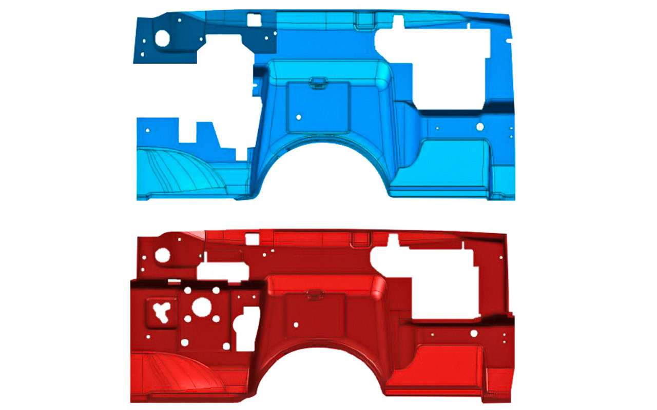 Синим цветом показан старый шумоизоляционный мат моторного отсека, красным – новый, с гораздо большей площадью.