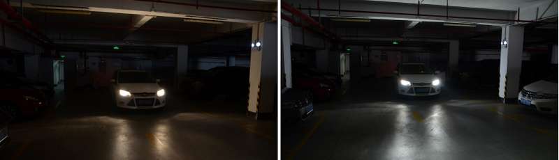 Сравнение фар головного света с галогенными лампами (слева) и светодиодными лампами Osram LEDriving HL (справа)