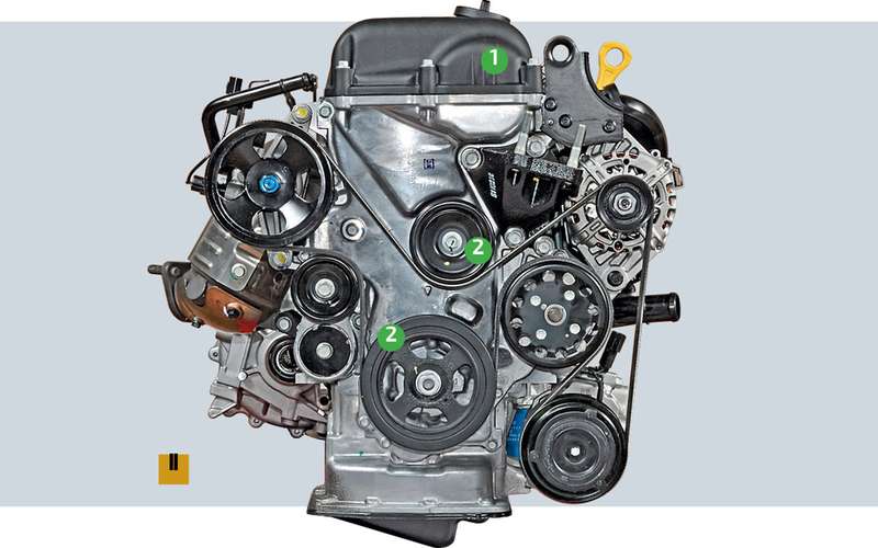 Timing chain drive noise listening zones: 1 - intake camshaft phase shifter, 2 - tensioner and damper zone.