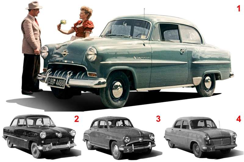 Opel Olympia Rekord [1], Ford Taunus 12M [2], Simca Aronde [3], Ford Prefect [4].  
В 1953 году для МЗМА закупили несколько самых свежих европейских машин – аналогов Москвича‑402, в том числе немецкий и английский Форды, французскую Симку, самый новый Opel. Ни с одной из западных машин советскую не копировали. Решетка радиатора одного из прототипов 1955 года напоминала опелевскую, но от нее как раз и отказались. В результате получился самобытный, очень современный и симпатичный автомобиль.