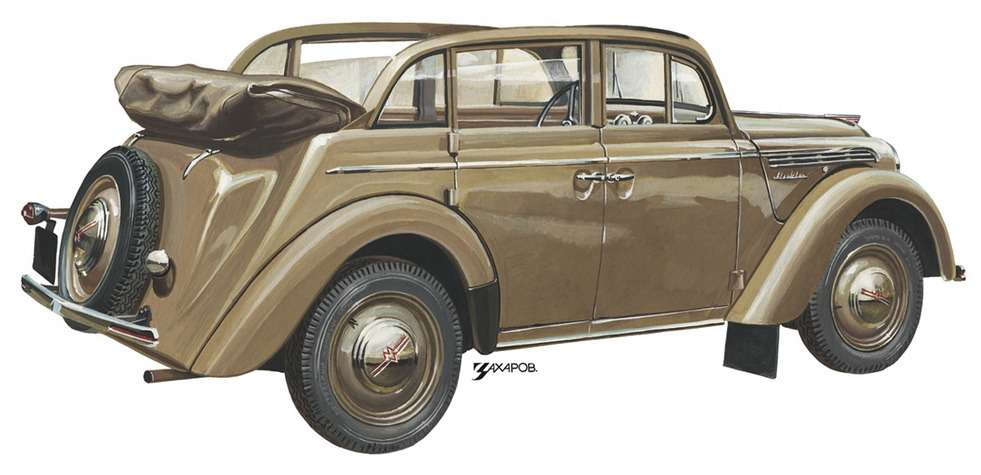 Кузов 420А, по немецкой классификации 4-t?rige Cabrio Limousine, в программе Opel отсутствовал. Немцы выпускали такую модель только с двумя дверьми. Такую модификацию сконструировали в Шварценберге. Брусья верхнего обвода дверей сохраняли жесткость несущего кузова. Также кузов кабриолета был усилен по сравнению с седаном. «Москвич-400-420А» выпускался с 1949 по 1954 год, сделано 17 742 экземпляра. Рисунок Александра Захарова