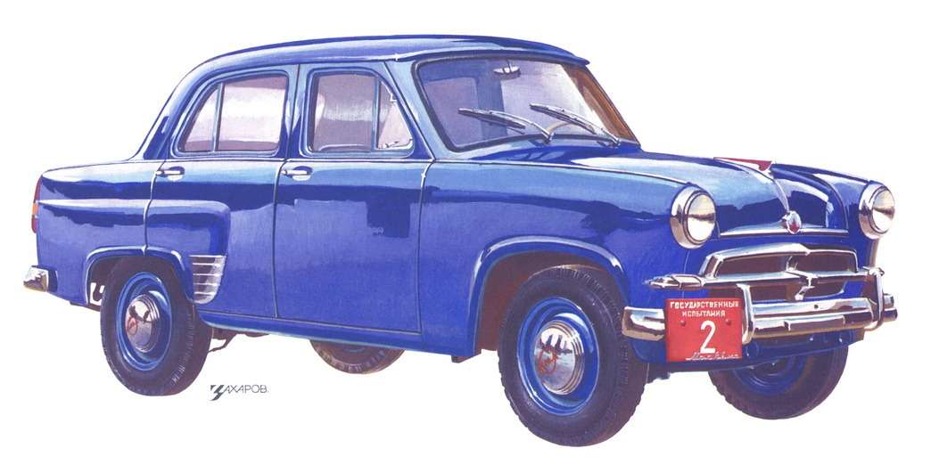 Один из прототипов «Москвич-402» для государственных испытаний 1955 года. Рисунок Александра Захарова для исторической серии «За рулем»